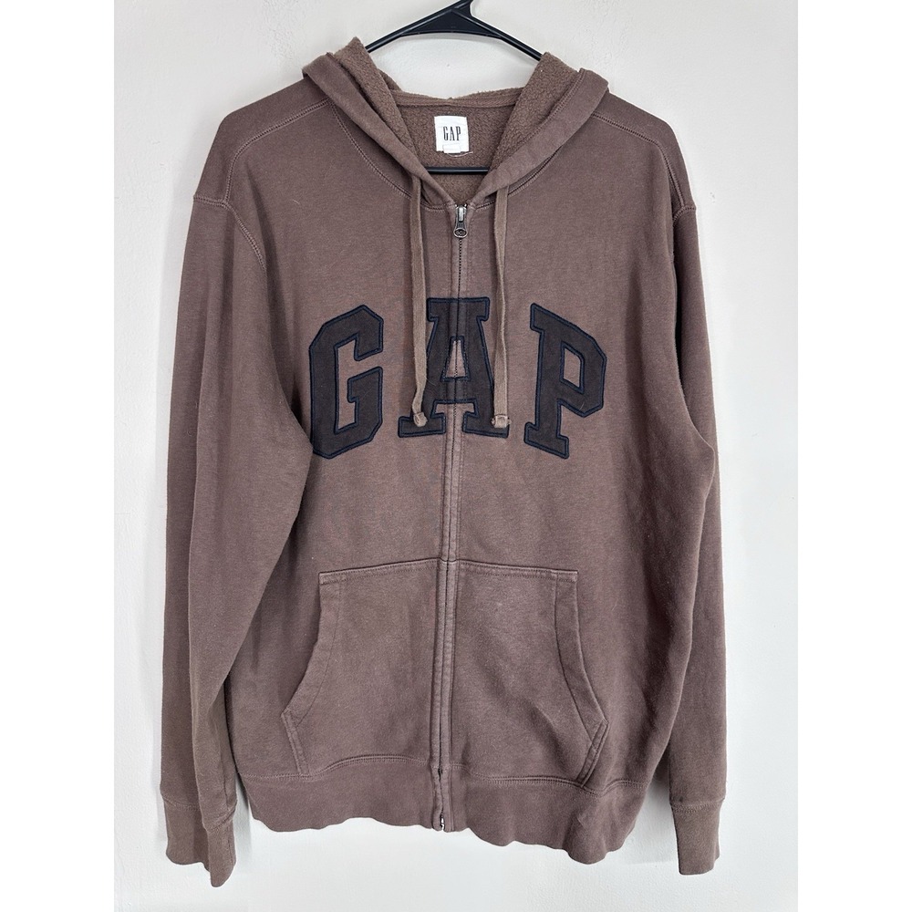 Vintage Y2K Hoodie LARGE GAP Full-Zip Embroidered Logo Brown 90s/2000s